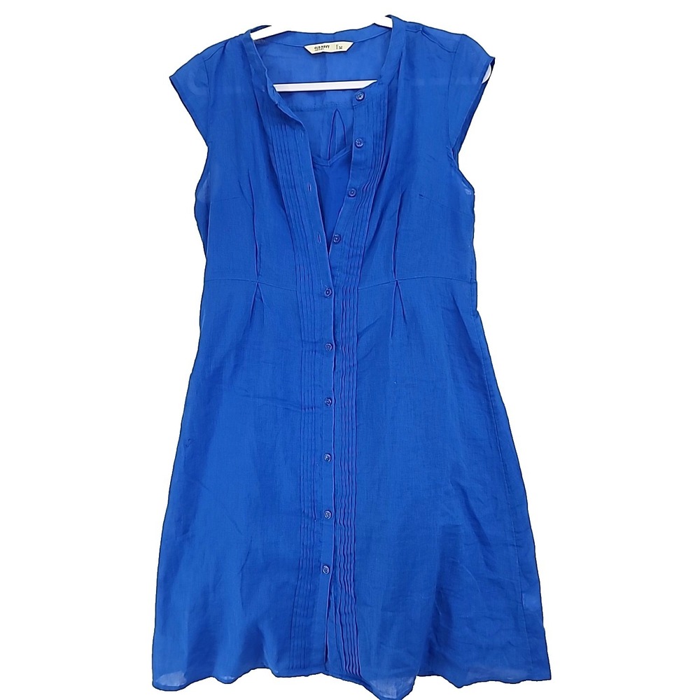 Vtg Old Navy Linen Blend Dress Size M Lined‎ Royal Blue Beachy Vacation Poolside